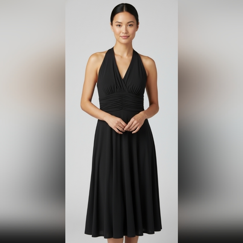 Evan Picone Black Gathered Midi Dress